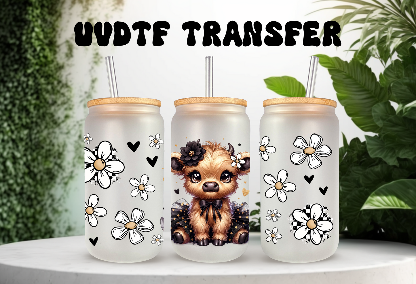 UVDTF Wrap Highland Cow Black Tutu Daisy 16oz Can Glass Mug Tumbler Wrap, Ready to apply, Permanent Adhesive