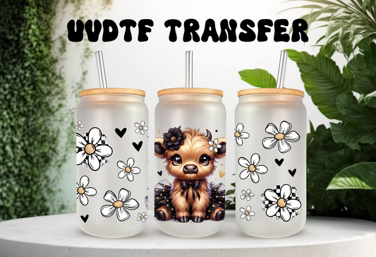 UVDTF Wrap Highland Cow Black Tutu Daisy 16oz Can Glass Mug Tumbler Wrap, Ready to apply, Permanent Adhesive