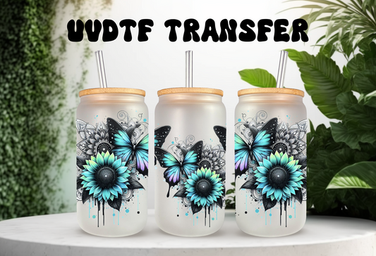 Butterfly Sunflower UV DTF Wrap For 16oz Can Glass Tumbler Full Wrap Permanent Decal Iced Coffee Cup Decor DIY Craft Supply