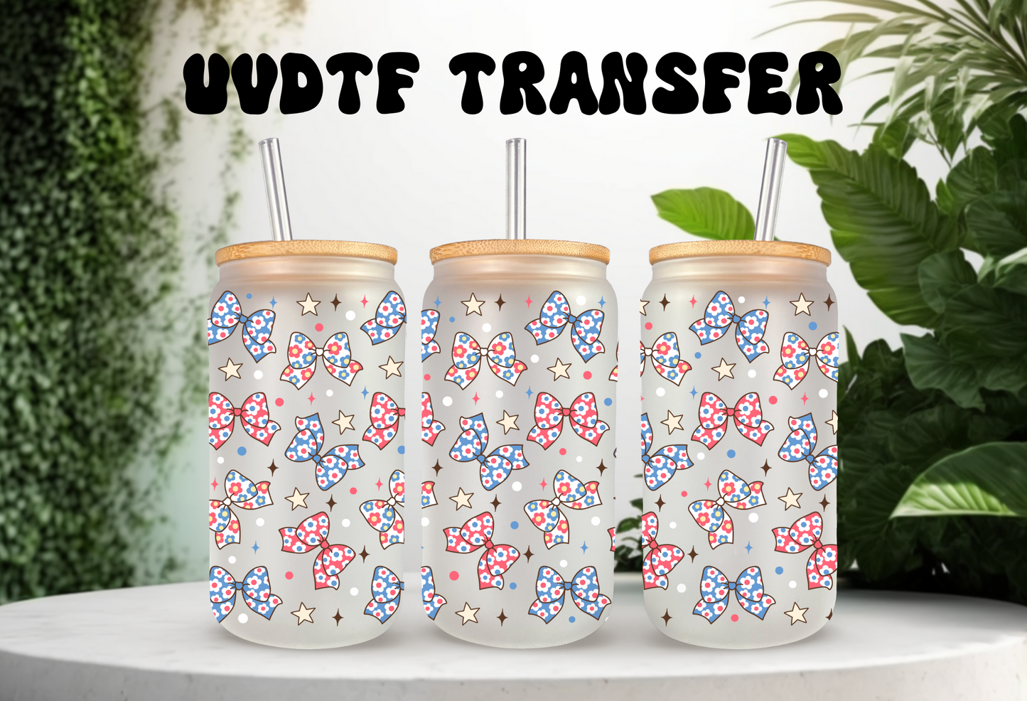 UVDTF Wrap Patriotic Bows 16oz Can Glass Mug Tumbler, Ready to apply, Permanent Waterproof Adhesive