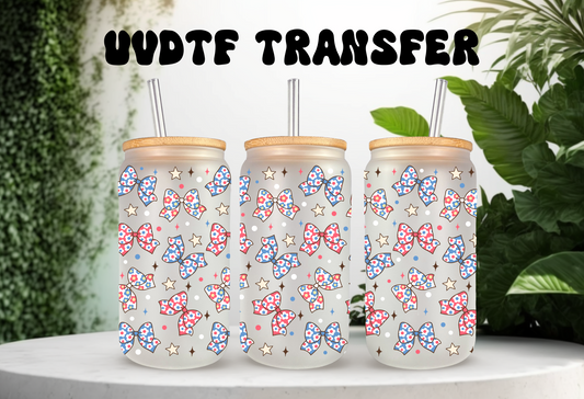 UVDTF Wrap Patriotic Bows 16oz Can Glass Mug Tumbler, Ready to apply, Permanent Waterproof Adhesive