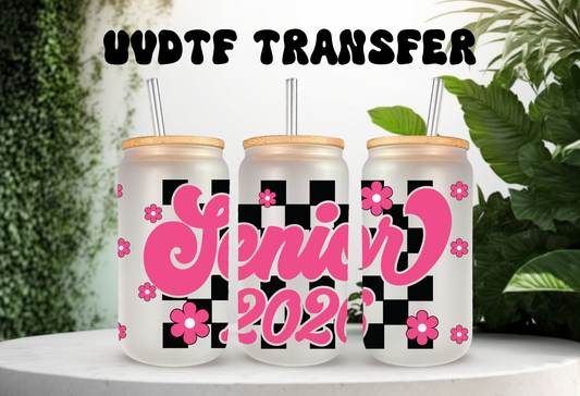 UVDTF Wrap Senior 2026 Checkered for 16oz Can Glass, Mug Tumbler, Ready to Apply, Permanent Adhesive, Exclusive