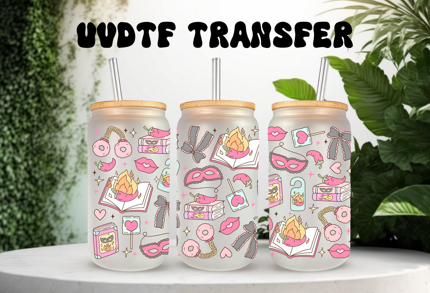 UVDTF Wrap Romance Smutty Books for 16oz Can Glass Mug Tumbler, Ready to apply, Permanent Waterproof Adhesive, Double Sided Option