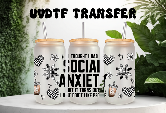 UVDTF Wrap Social Anxiety for 16oz Can Glass Mug Tumbler, Funny Sarcastic, Checkered Design, Ready to Apply, Permanent Waterproof Adhesive