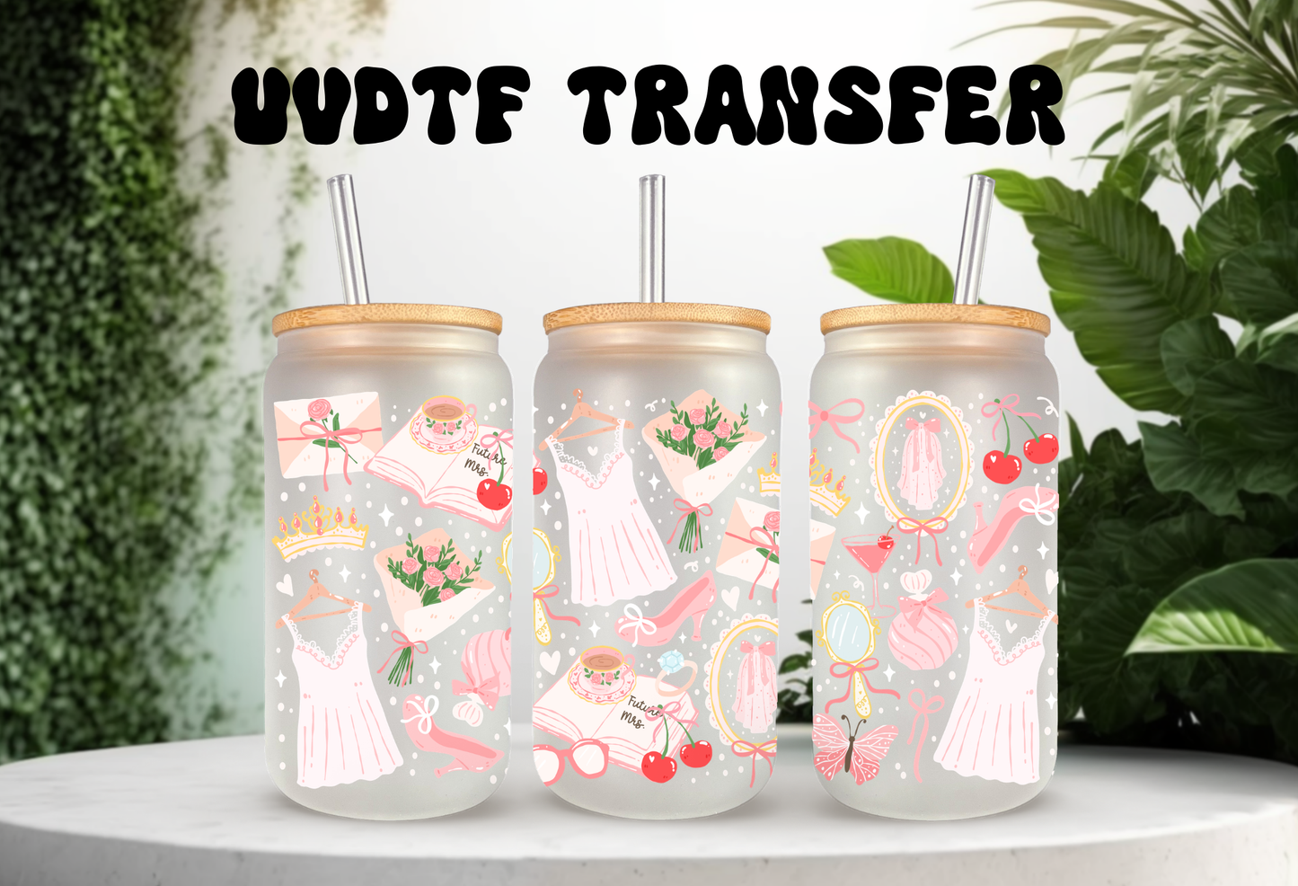 16oz can glass wrap with wedding dresses, bridal planners, and pink floral bouquets on a clear background.