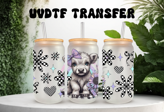 UVDTF Wrap Highland Cow Checkered Daisy 16oz Can Glass Mug Tumbler Wrap, Ready to apply, Permanent Adhesive