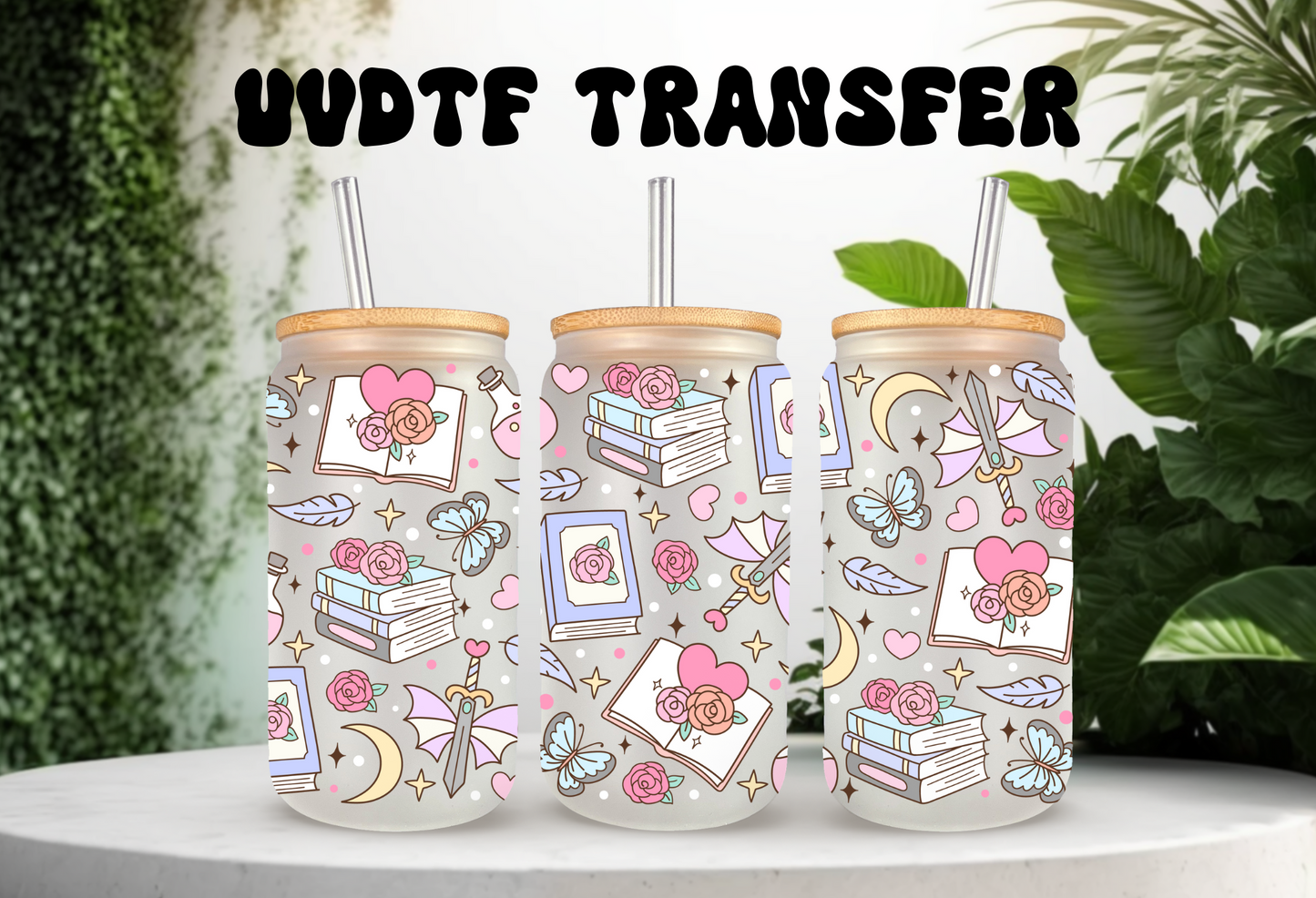 UVDTF Wrap Fantasy Books 16oz Can Glass Mug Tumbler, Ready to apply, Permanent Waterproof Adhesive