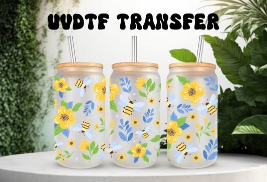 UVDTF Wrap Bees Flowers Floral Wrap for 16oz Can Glass Mug Tumbler, Ready to apply, Permanent Waterproof Adhesive
