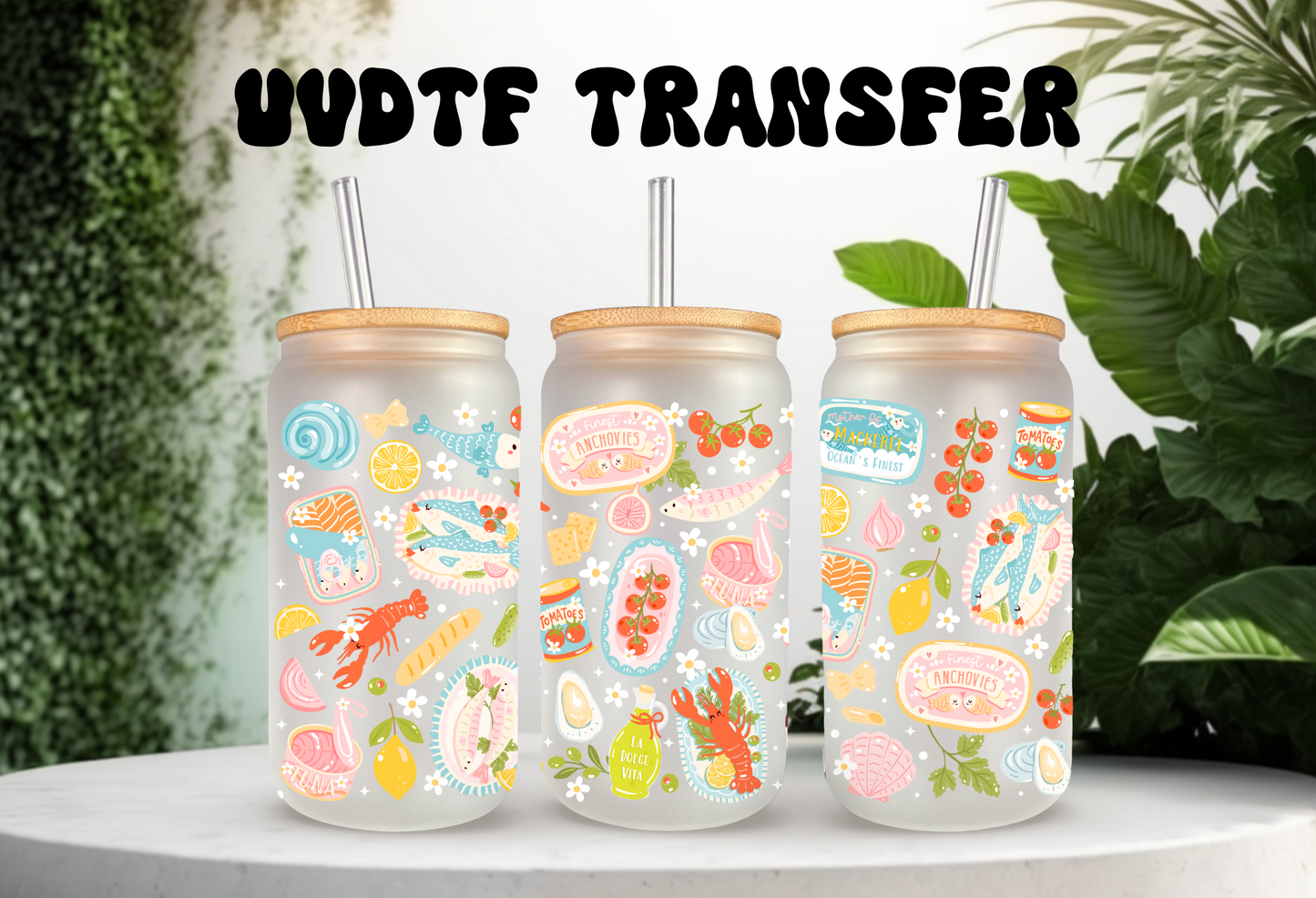 UVDTF Wrap Seafood Broil 16oz Can Glass Mug Tumbler Wrap, Ready to apply, Permanent Waterproof Adhesive, Double sided option