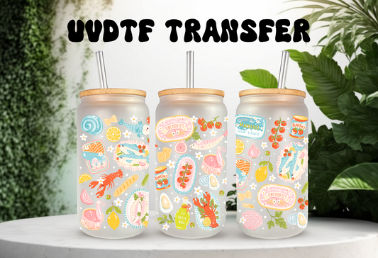 UVDTF Wrap Seafood Broil 16oz Can Glass Mug Tumbler Wrap, Ready to apply, Permanent Waterproof Adhesive, Double sided option