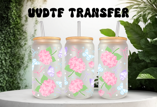 UVDTF Wrap Pink Hydrangea Butterfly 16oz Can Glass Mug Tumbler, Ready to apply, Permanent Waterproof Adhesive