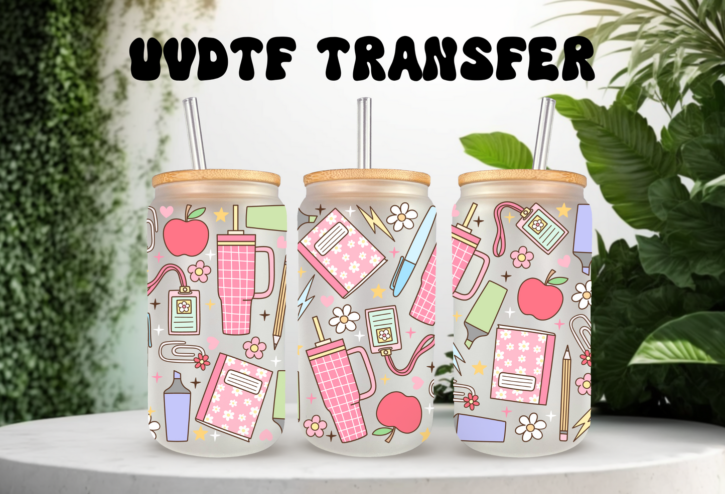 UVDTF Wrap Teacher Supplies 16oz Can Glass Mug Tumbler Wrap, Ready to apply, Permanent Waterproof Adhesive, Double sided option