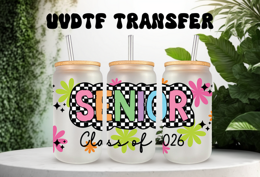 UVDTF Wrap Senior 2026 Checkered for 16oz Can Glass Mug Tumbler, Ready to Apply, Permanent Adhesive, Exclusive