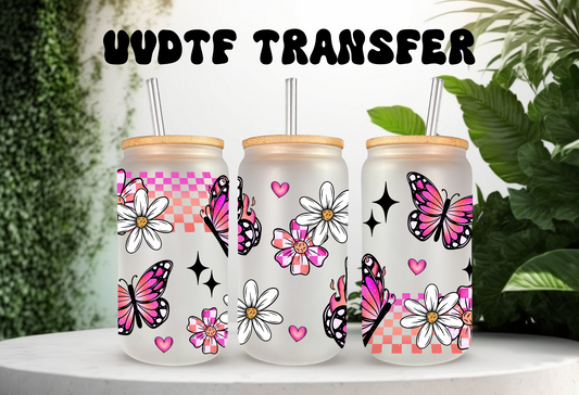 UVDTF Wrap Butterfly Daisy Checker for 16oz Can Glass Mug Tumbler, Butterfly Wrap, Ready to apply, Permanent Waterproof Adhesive