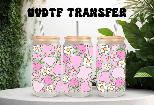 UVDTF Wrap Strawberry Cow Print Daisy 16oz Can Glass Mug Tumbler, Strawberry Wrap, Ready to apply, Permanent Waterproof Adhesive
