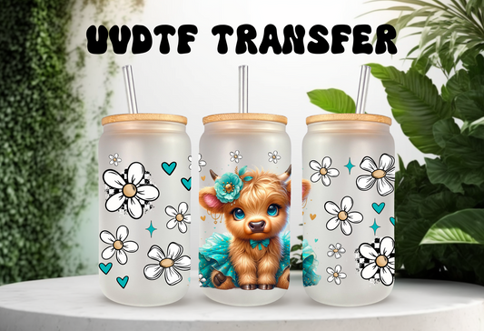 UVDTF Wrap Highland Cow Teal Tutu Daisy 16oz Can Glass Mug Tumbler Wrap, Ready to apply, Permanent Adhesive