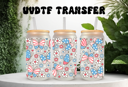UVDTF Wrap Patriotic Butterfly 16oz Can Glass Mug Tumbler, Ready to apply, Permanent Waterproof Adhesive