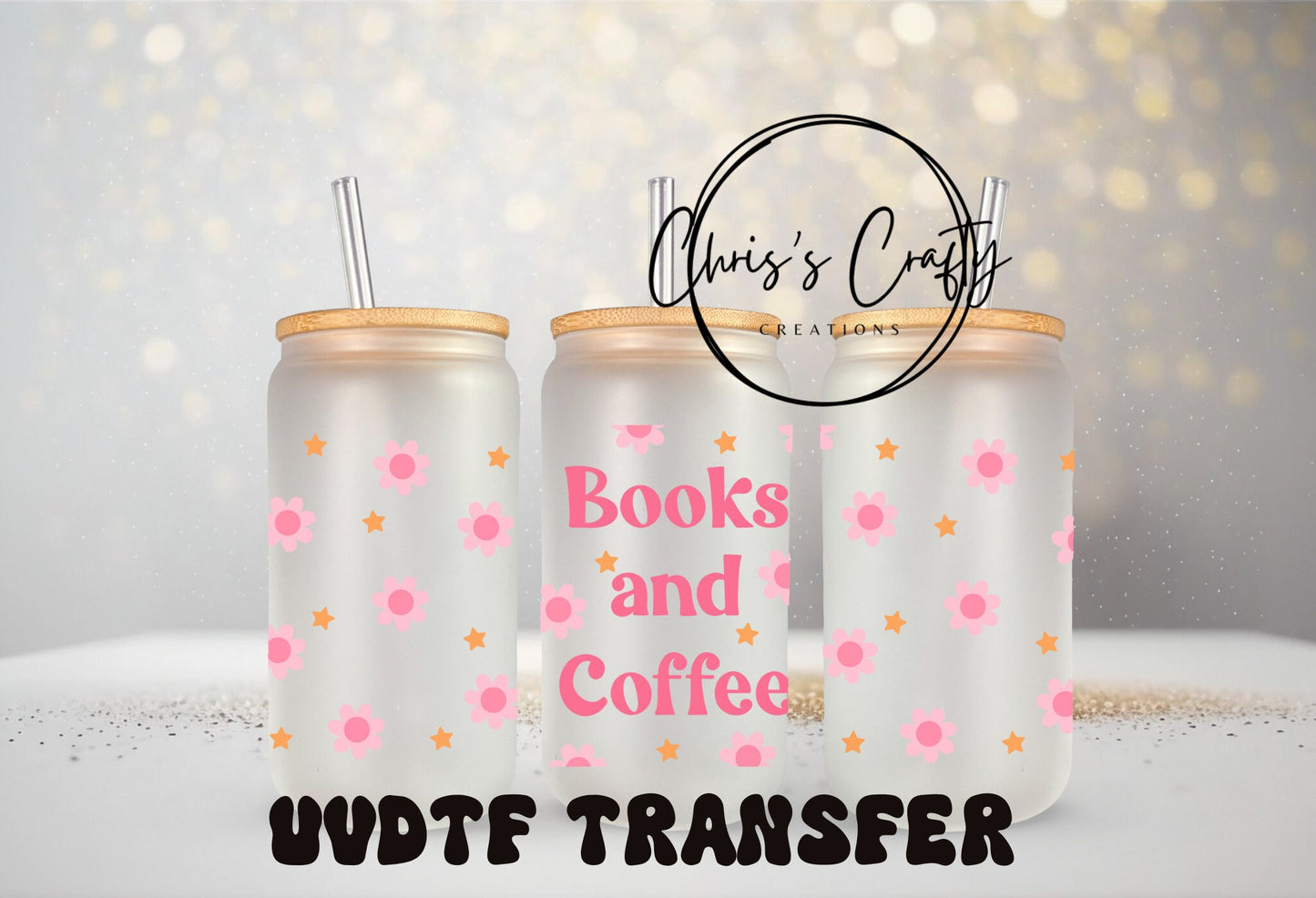 UVDTF Wrap Flowers Books and Coffee for 16oz Can Glass Mug Tumbler, Ready to Apply, Permanent Waterproof Adhesive