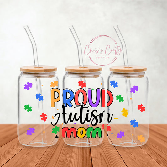 UVDTF Wrap Autism Awareness Mom 16oz Can Glass Mug Tumbler, Ready to apply, Permanent Waterproof Adhesive, Apply to Cup