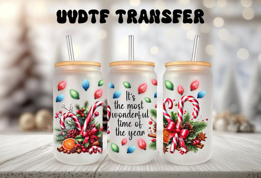 UVDTF WRAP Candy Cane Most Wonderful Time do the Year 16oz Can Glass Mug Tumbler, Ready to Apply, Permanent Waterproof Adhesive