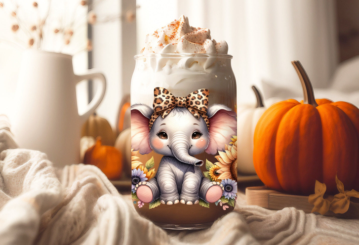 UVDTF Wrap Elephant Sunflowers 16oz Can Glass Mug Tumbler Wrap, Ready to apply, Permanent Adhesive, Double sided option
