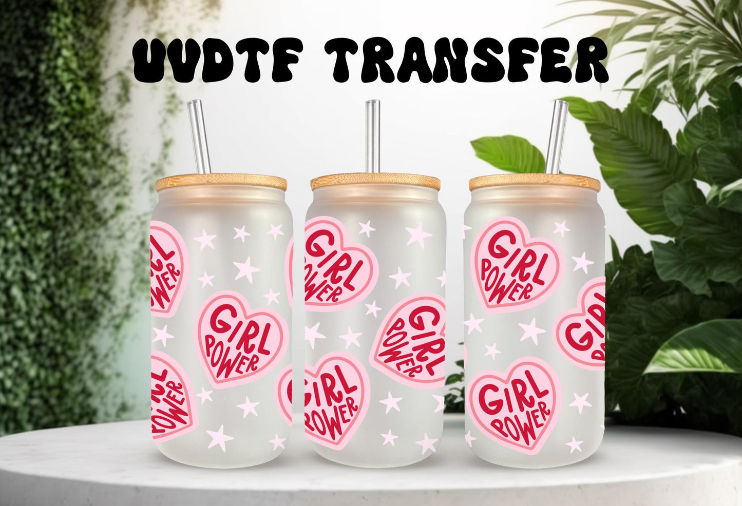 UVDTF Wrap Hearts Girl Power 16oz Can Glass Wrap Mug Tumbler, Ready to Apply, Permanent Waterproof Adhesive