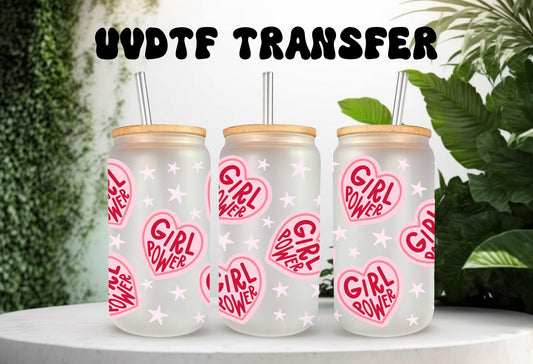 UVDTF Wrap Hearts Girl Power 16oz Can Glass Wrap Mug Tumbler, Ready to Apply, Permanent Waterproof Adhesive