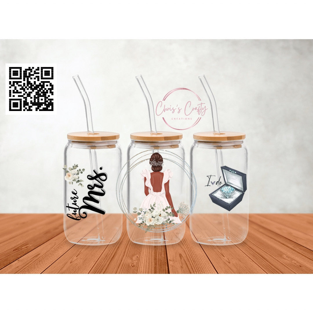 UVDTF Wrap Future Mrs. Bride to be  16oz Can Glass Mug or Tumbler, Ready to apply, Gifts for Her, Wedding gifts, Double Sided Option