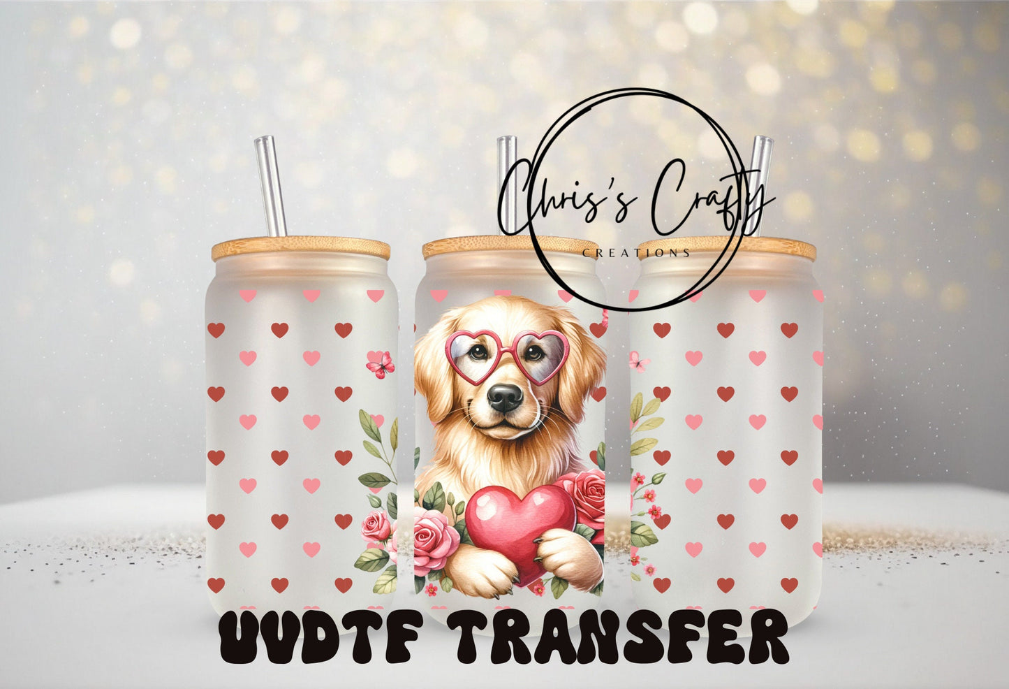 UVDTF Wrap Golden Retriever Hearts for 16oz Can Glass Mug Tumbler, Ready to Apply, Permanent Waterproof adhesive