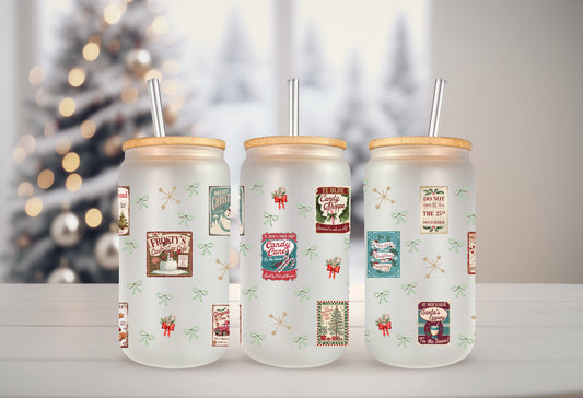 UVDTF Wrap Vintage Christmas Label Candy Canes Coquettes Bows 16oz Can Glass, Mug, Tumbler, Ready to apply, Christmas Wrap
