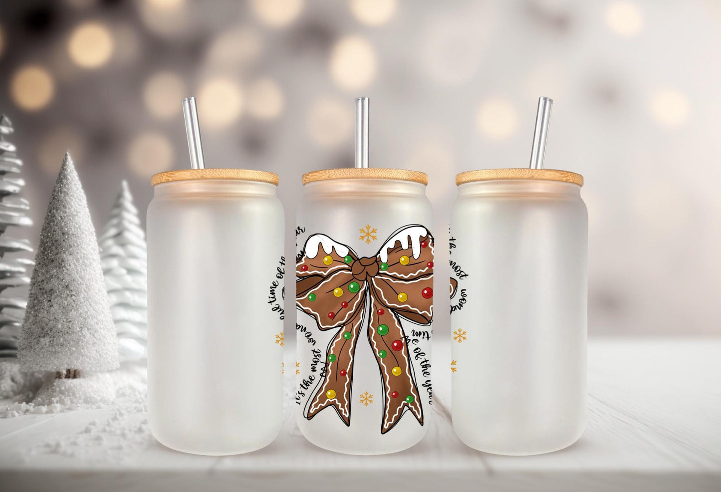 UVDTF Decal Christmas Coquette Bow 16oz Can Glass Mug Tumbler, Wonderful Time Decal, Ready to apply, Permanent Waterproof Adhesive