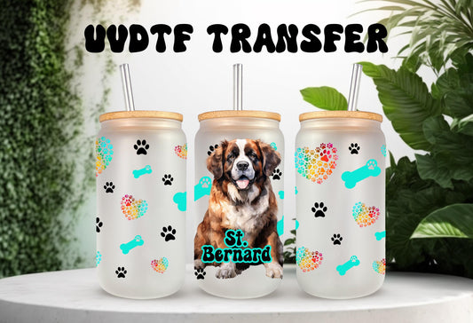 UVDTF Wrap St. Bernard 16oz Can Glass Mug Tumbler, Colorful Dog Wrap, Ready to apply, Permanent Waterproof Adhesive, Bundle Save Option