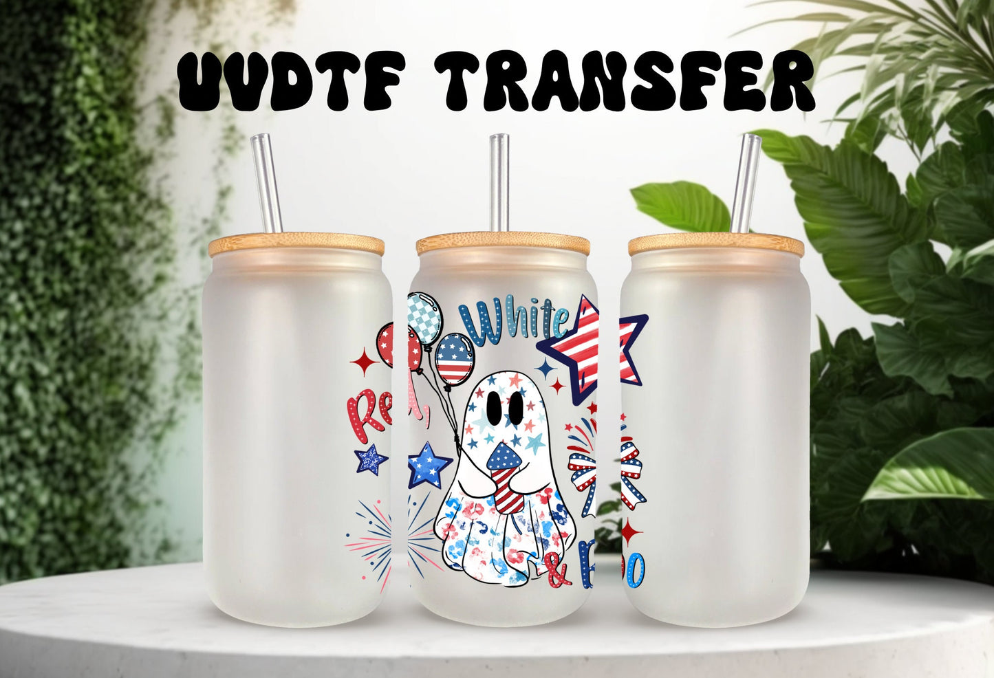 UVDTF Decal Red White Boo Ghost 16oz Can Glass or 40oz Tumbler, Patriotic ghost, Ready to Apply, Permanent Waterproof Adhesive, add on a cup