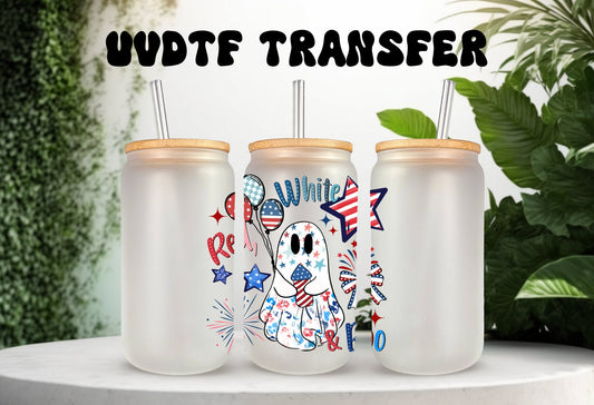 UVDTF Decal Red White Boo Ghost 16oz Can Glass or 40oz Tumbler, Patriotic ghost, Ready to Apply, Permanent Waterproof Adhesive, add on a cup
