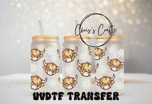 UVDTF Wrap Highland Cow Daisies for 16oz Can Glass Mug Tumbler, Ready to Apply, Permanent Waterproof Adhesive | Add on a Cup