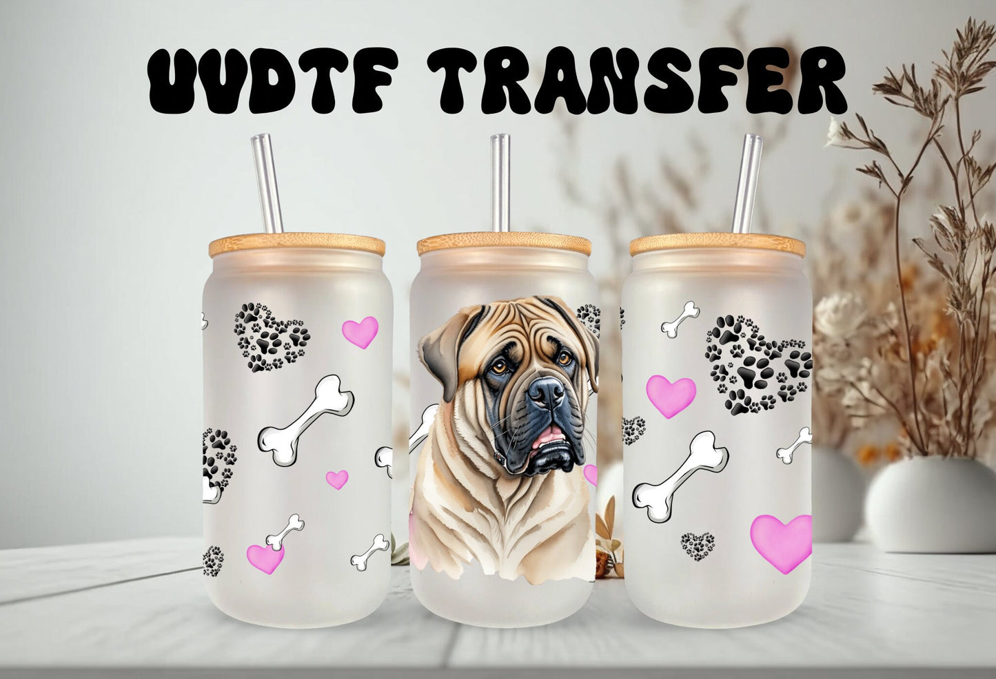 UVDTF Wrap English Mastiff 16oz Can Glass Wrap Mug Tumbler, Ready to Apply, Permanent Waterproof Adhesive