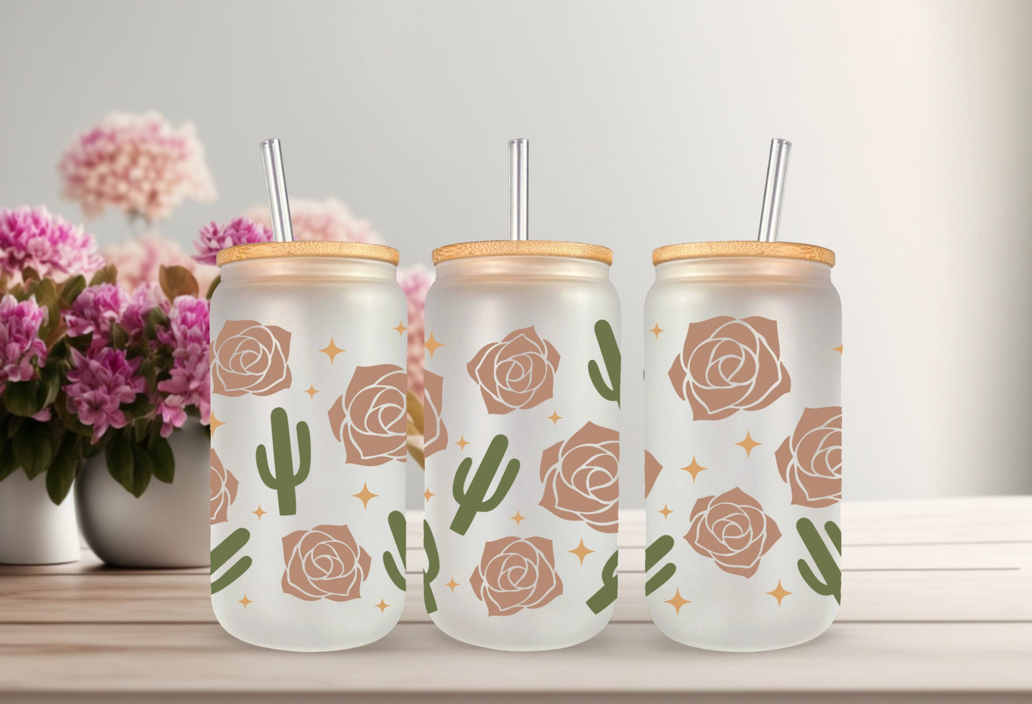 UVDTF Wrap Boho Desert Rose Cactus 16oz Can Glass, Mug, Tumbler, Cactus Wrap, Ready to apply, Permanent Adhesive Waterproof, Add on a Cup