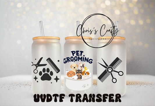 UVDTF Wrap Pet Groomer 16oz Can Glass Mug Tumbler, Dog Groomer Wrap, Ready to apply, Permanent Waterproof Adhesive