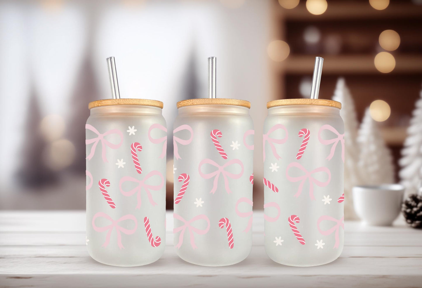 UVDTF Wrap Candy Canes Coquette Bows for 16oz Can Glass, Mug, Tumbler, Ready to apply, Waterproof Permanent Adhesive