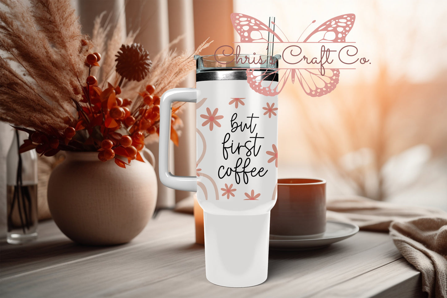 UVDTF Wrap But First Coffee Daisy 16oz Can Glass Mug Tumbler, Coffee Wrap, Ready to apply, Permanent Waterproof Adhesive