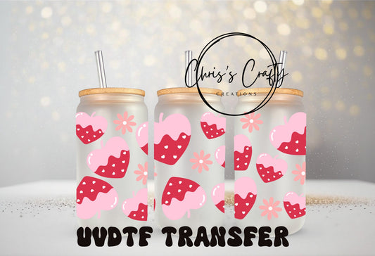 UVDTF Wrap Red Heart Strawberries Flowers 16oz Can Glass Mug Tumbler, Ready to Apply, Permanent Waterproof Adhesive