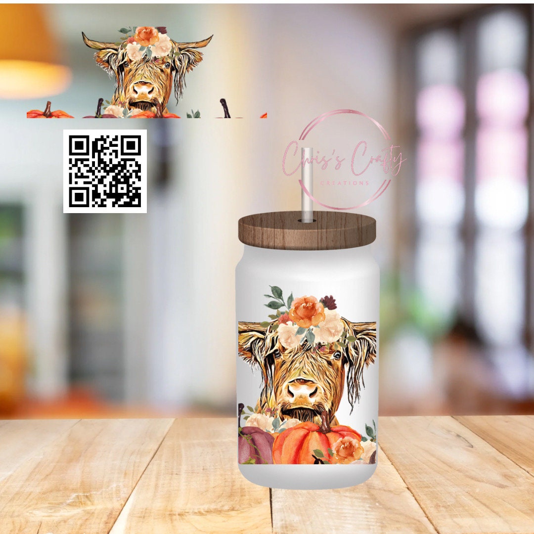 UVDTF Wrap Highland Cow Fall Pumpkins for 16oz Can Glass Mug Tumbler, Ready to apply, Permanent Waterproof Adhesive