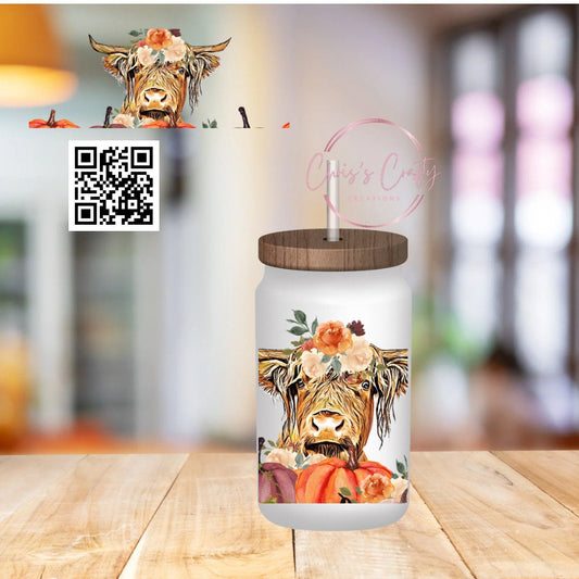 UVDTF Wrap Highland Cow Fall Pumpkins for 16oz Can Glass Mug Tumbler, Ready to apply, Permanent Waterproof Adhesive