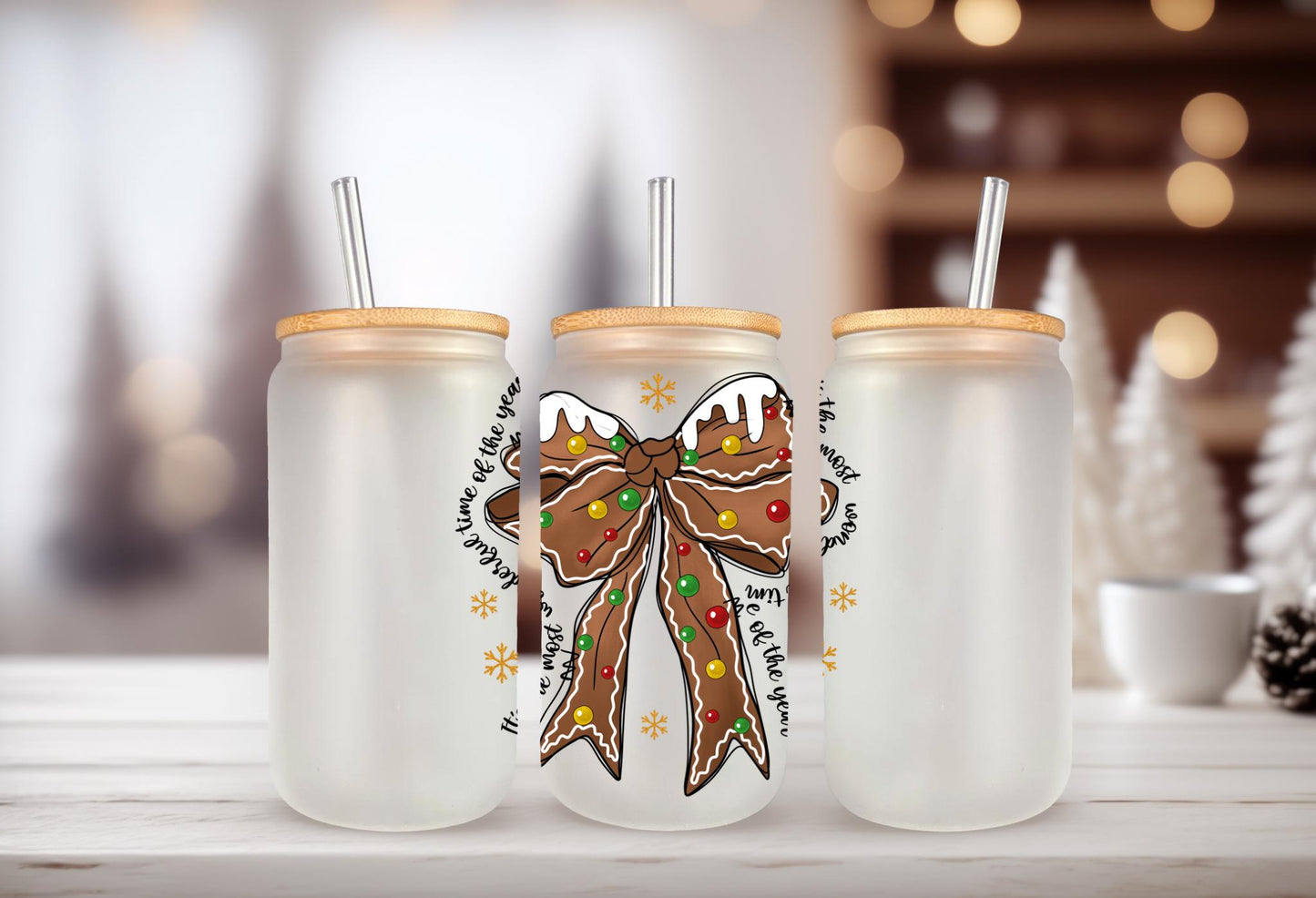 UVDTF Decal Christmas Coquette Bow 16oz Can Glass Mug Tumbler, Wonderful Time Decal, Ready to apply, Permanent Waterproof Adhesive