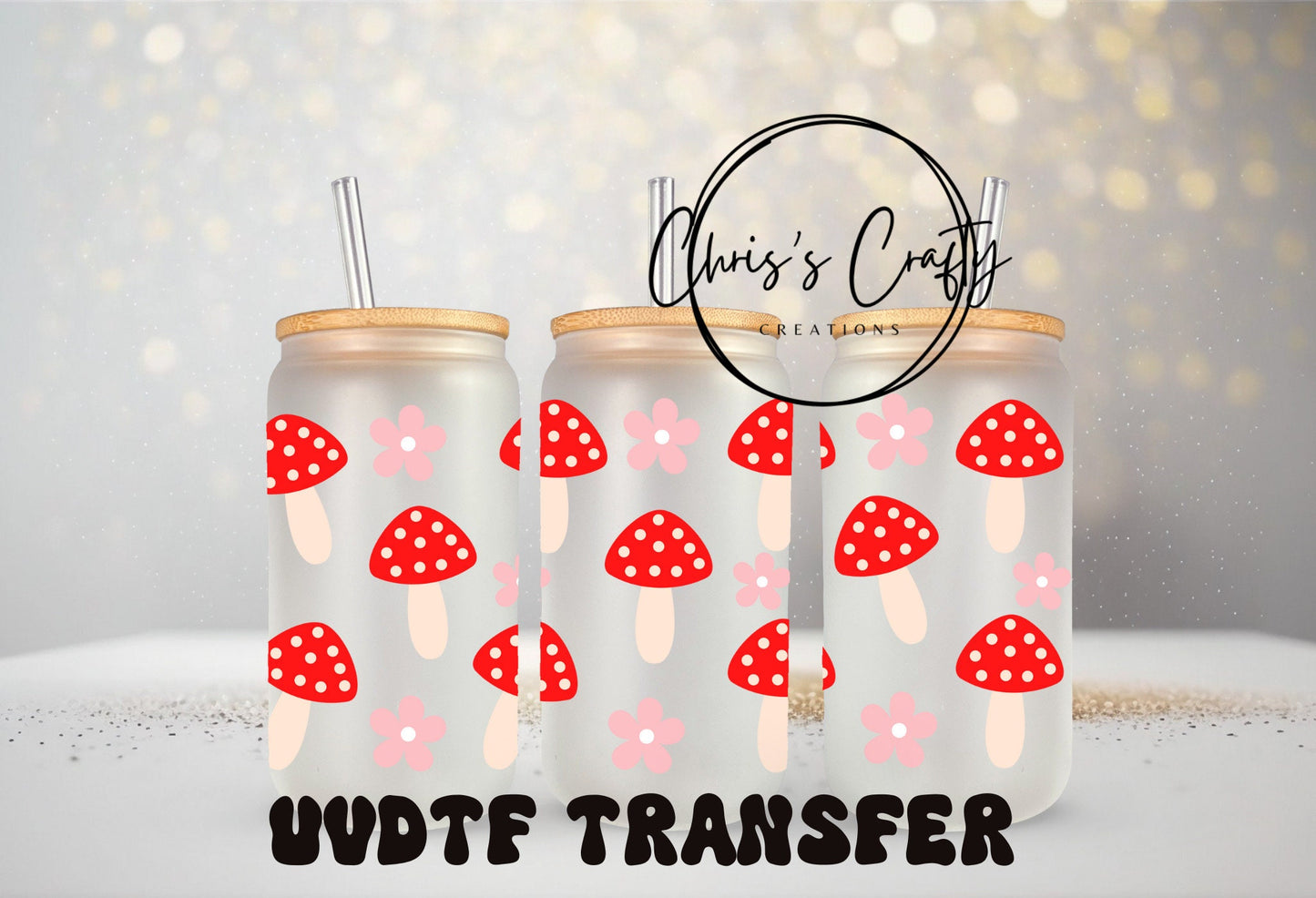 UVDTF Wrap Red Mushrooms Floral 16oz Can Glass Mug Tumbler, Mushroom Floral Wrap, Ready to apply, Permanent Waterproof Adhesive
