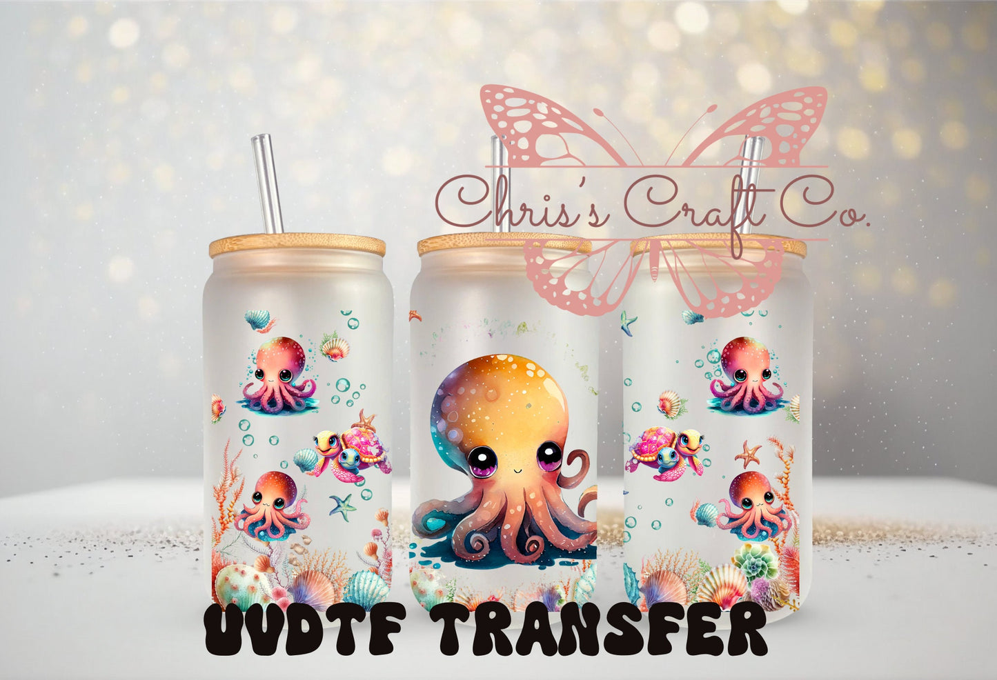 UVDTF Wrap Colorful Octapus Seashells 16oz Can Glass Mug Tumbler, Ready to apply, Permanent Waterproof Adhesive, Add on a Cup