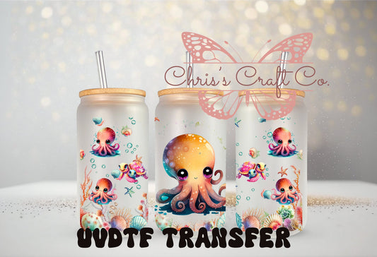 UVDTF Wrap Colorful Octapus Seashells 16oz Can Glass Mug Tumbler, Ready to apply, Permanent Waterproof Adhesive, Add on a Cup