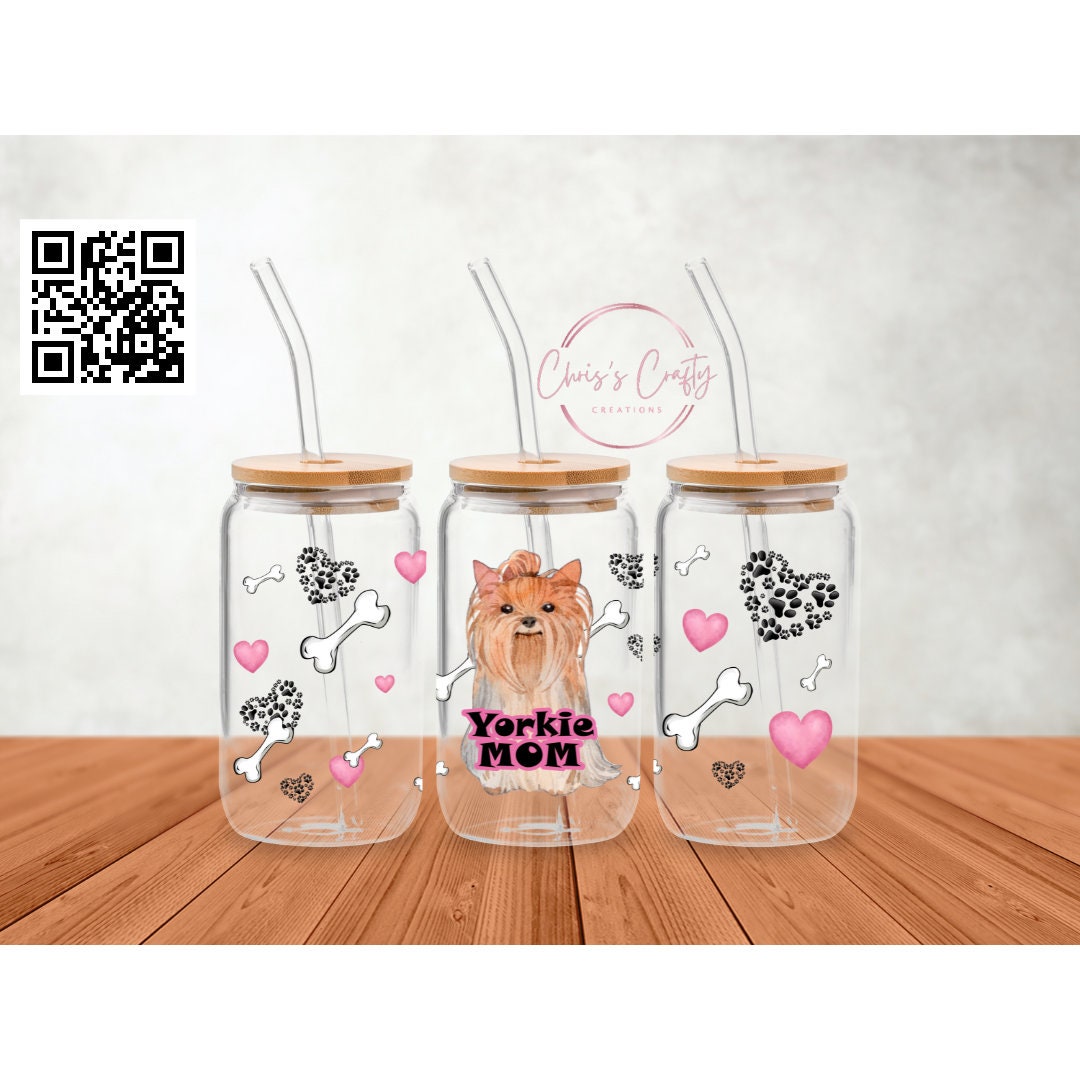 UVDTF Wrap Yorkie Mom 16oz Can Glass Mug Tumbler, Dog Mom,  Ready to apply, Permanent Waterproof Adhesive