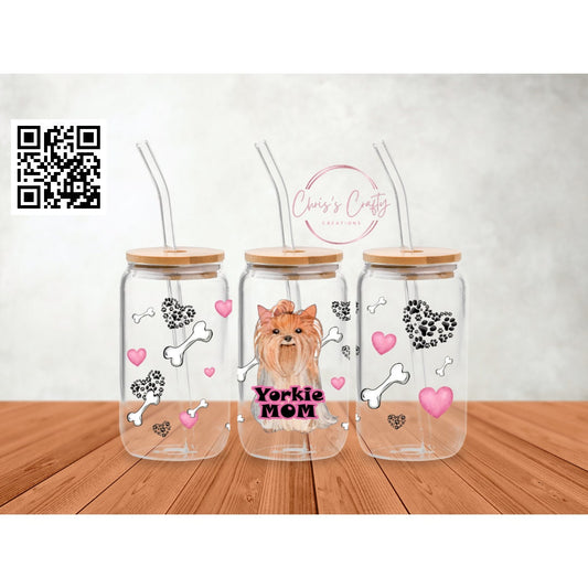 UVDTF Wrap Yorkie Mom 16oz Can Glass Mug Tumbler, Dog Mom,  Ready to apply, Permanent Waterproof Adhesive