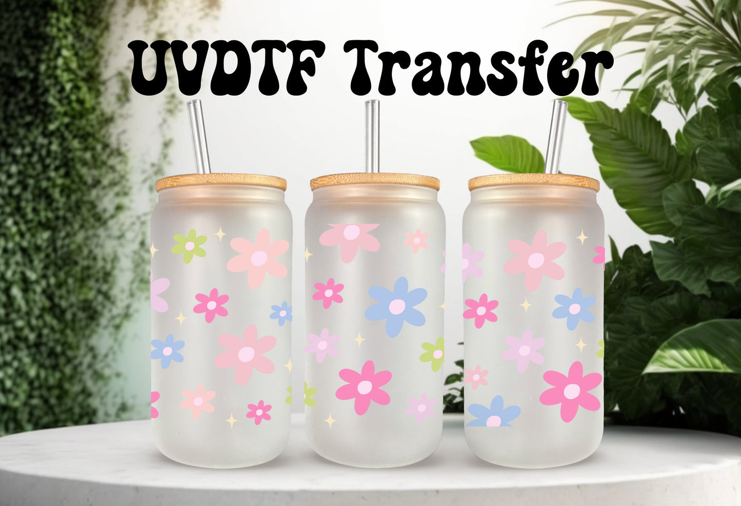 UVDTF Wrap Colorful Retro Flowers 16oz Can Glass Mug Tumbler, Ready to Apply, Permanent Waterproof Adhesive